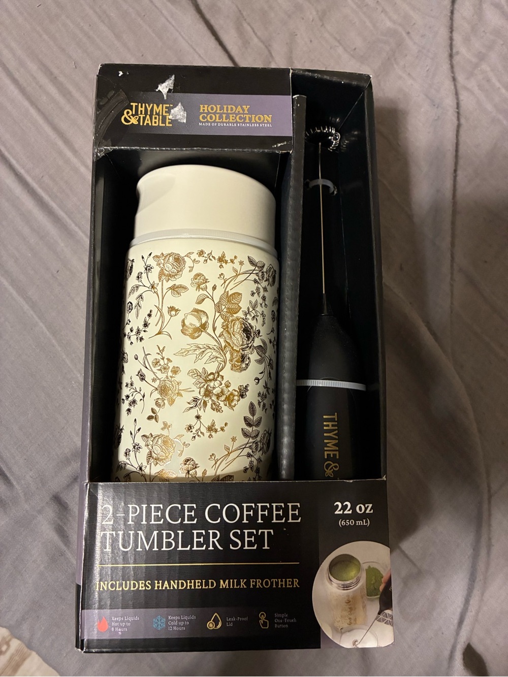 Cream and Gold Floral 22 oz Coffee Tumbler Set with Milk Frother